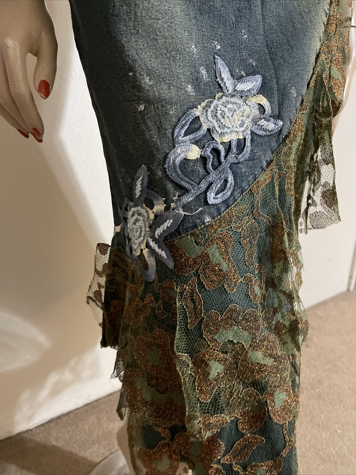 Blue Denim Cotton beaded lace Ruffle Embroidery Boho Size M(6-8) maxi skirt 3135