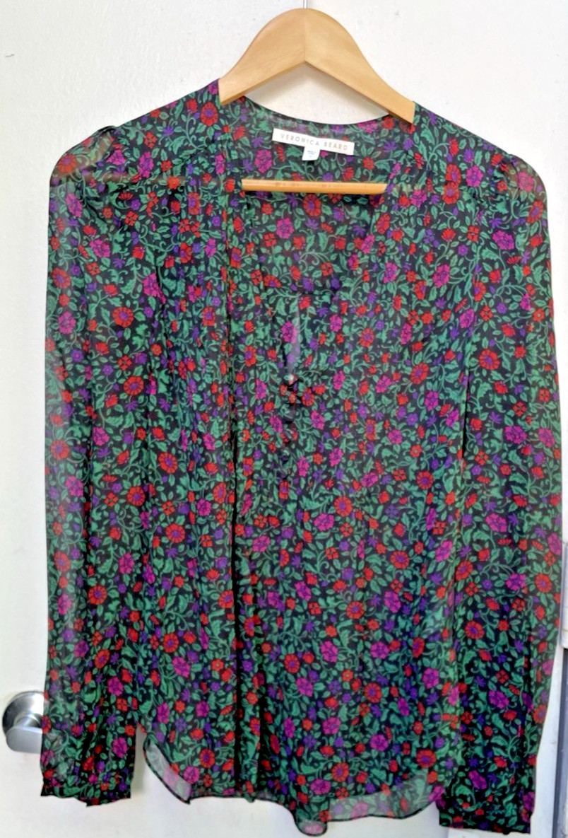 Veronica Beard | Black Multicolor Floral 100% Silk Blouse Long Sleeve Size 4