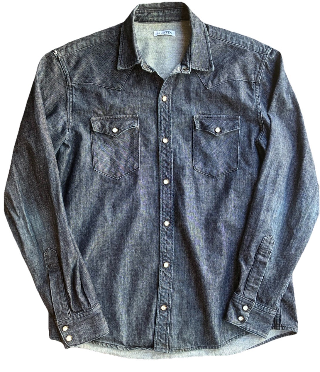 Gustin Denim Pearl Snap Button Down Western Shirt Mens 2XL USA Long Sleeve CL