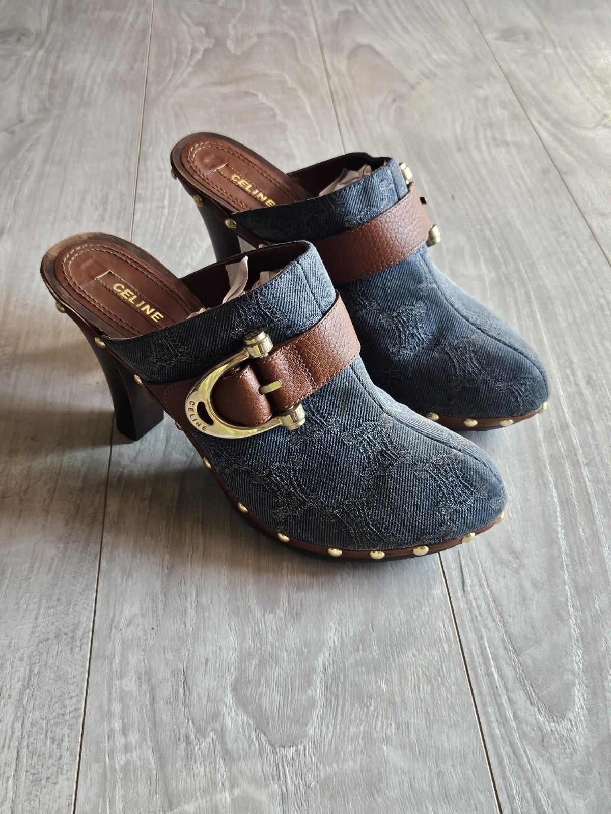 💥Celine Macadam Shoes Sandals Sabot Indigo Brown Size 38