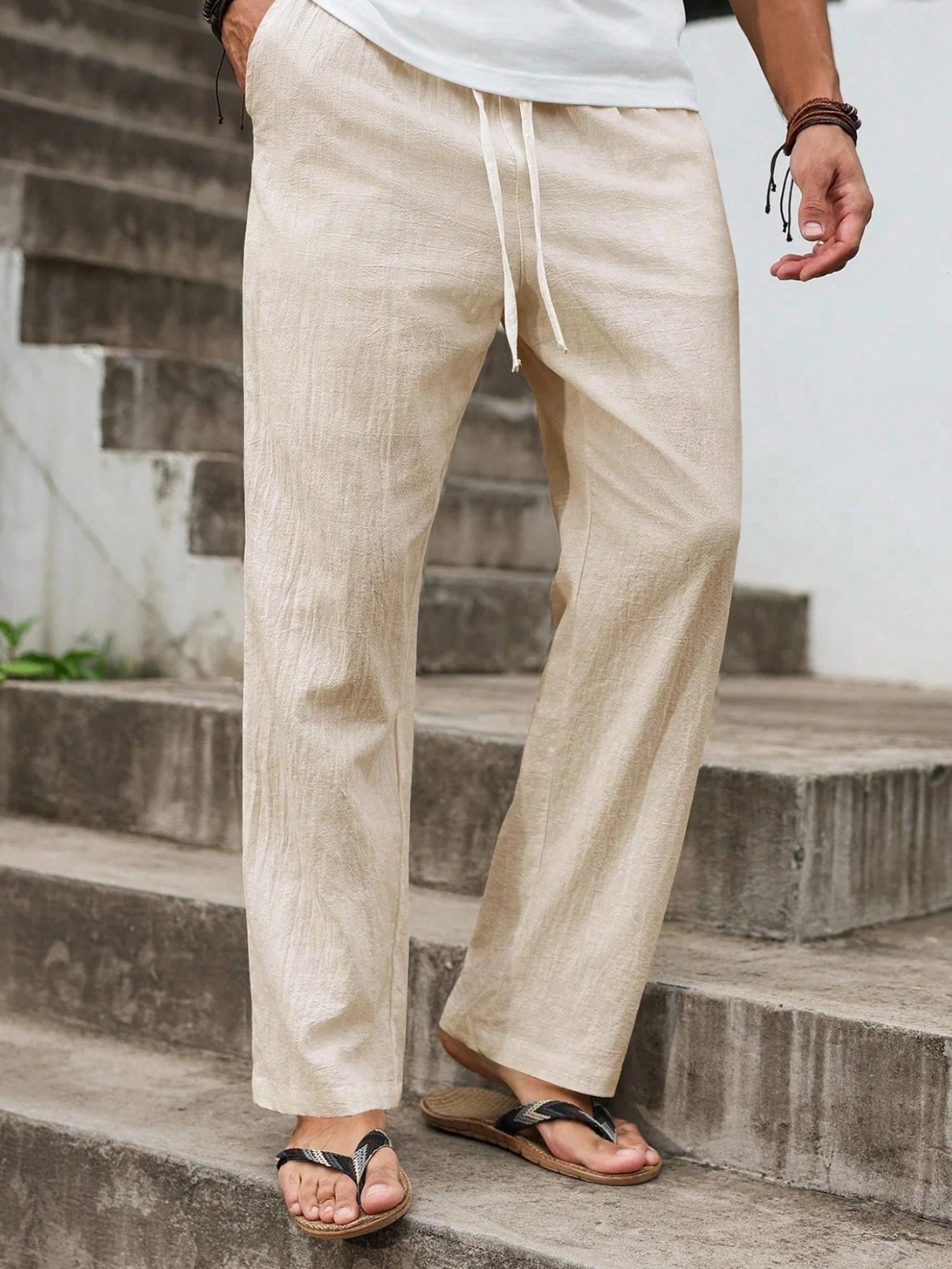Men’s Summer Cotton Linen Pants Lightweight Breathable Straight Leg Casual Beach