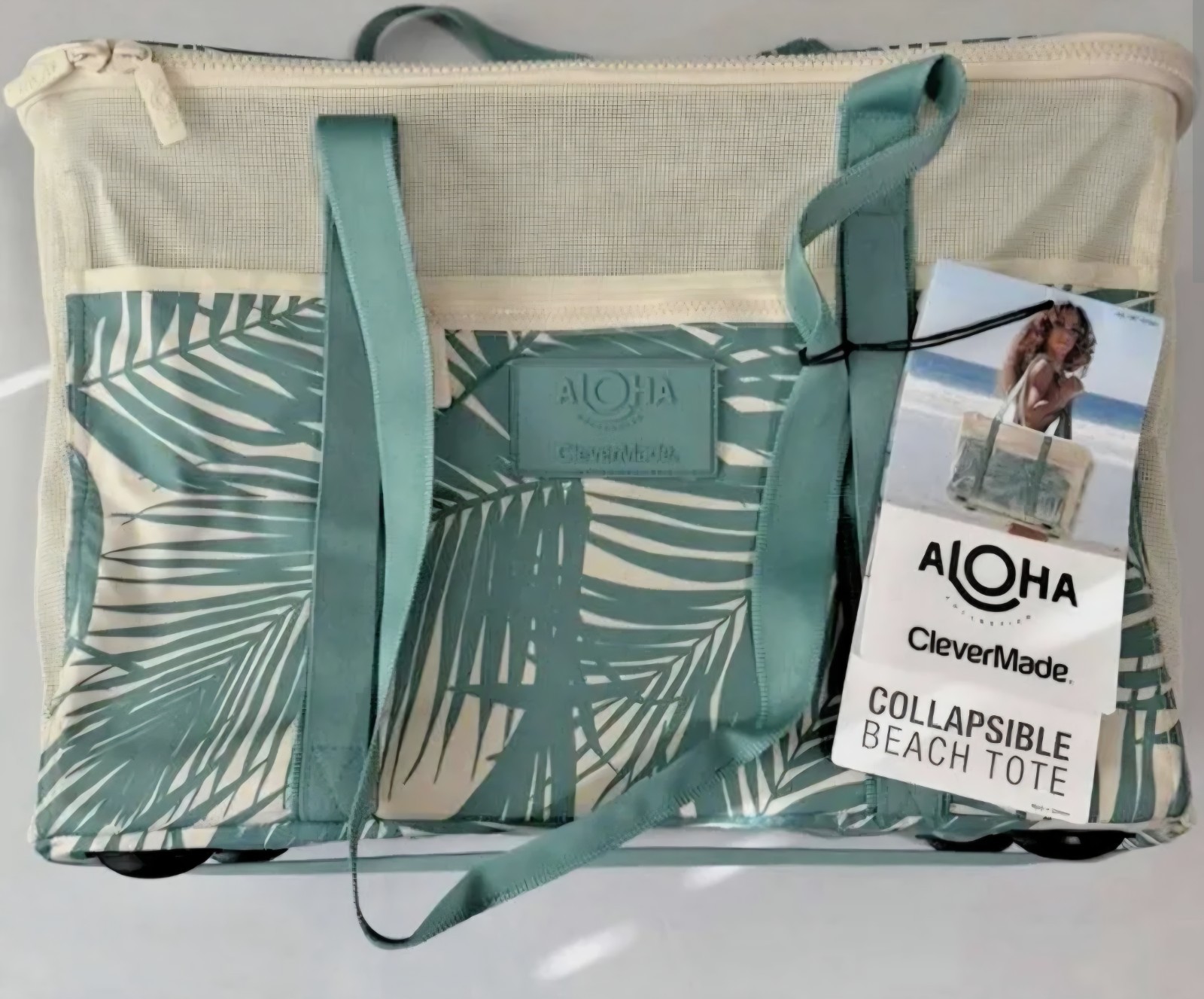 Aloha CleverMade Collapsible Mesh Paneled Beach Tote Green Beige Tropical Zip