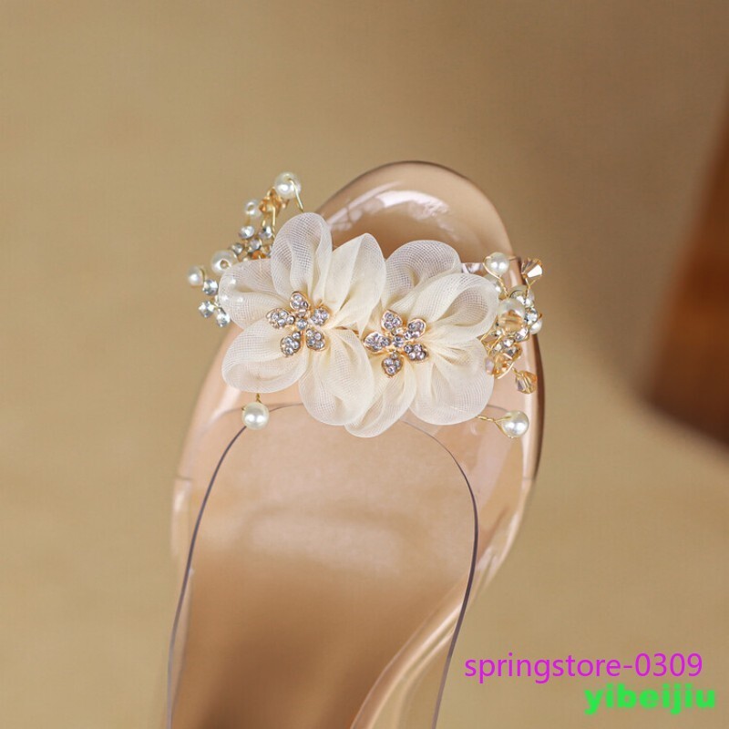Crystal Wedge Heel Pearl Rhinestone Women’s Flower Sandals Slingback Clear Shoes