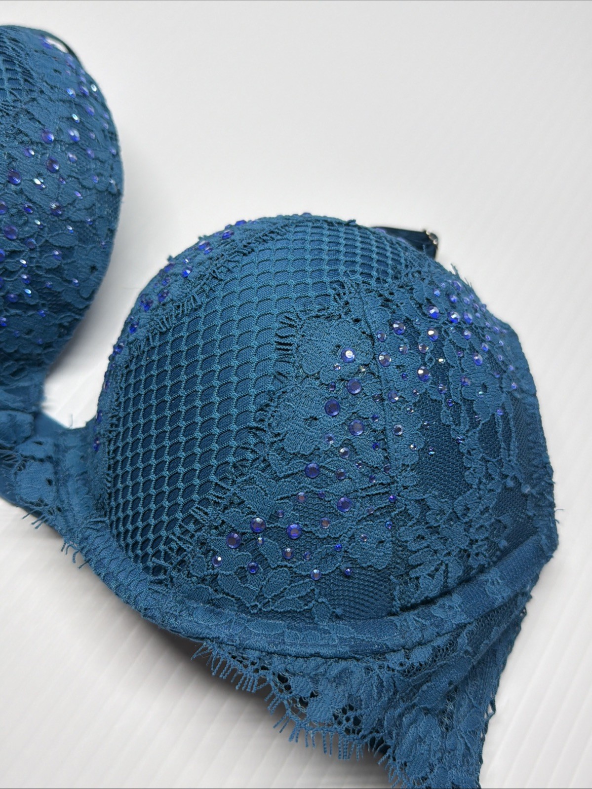 Victoria Secret Bombshell 36A Rhinestone Plunge Add +2 Cup Sizes Bra Blue