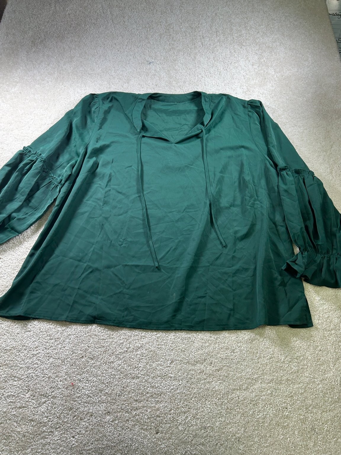 Women’s Green 5X Polyester Blouse Bell Sleeve Tie Neck Top