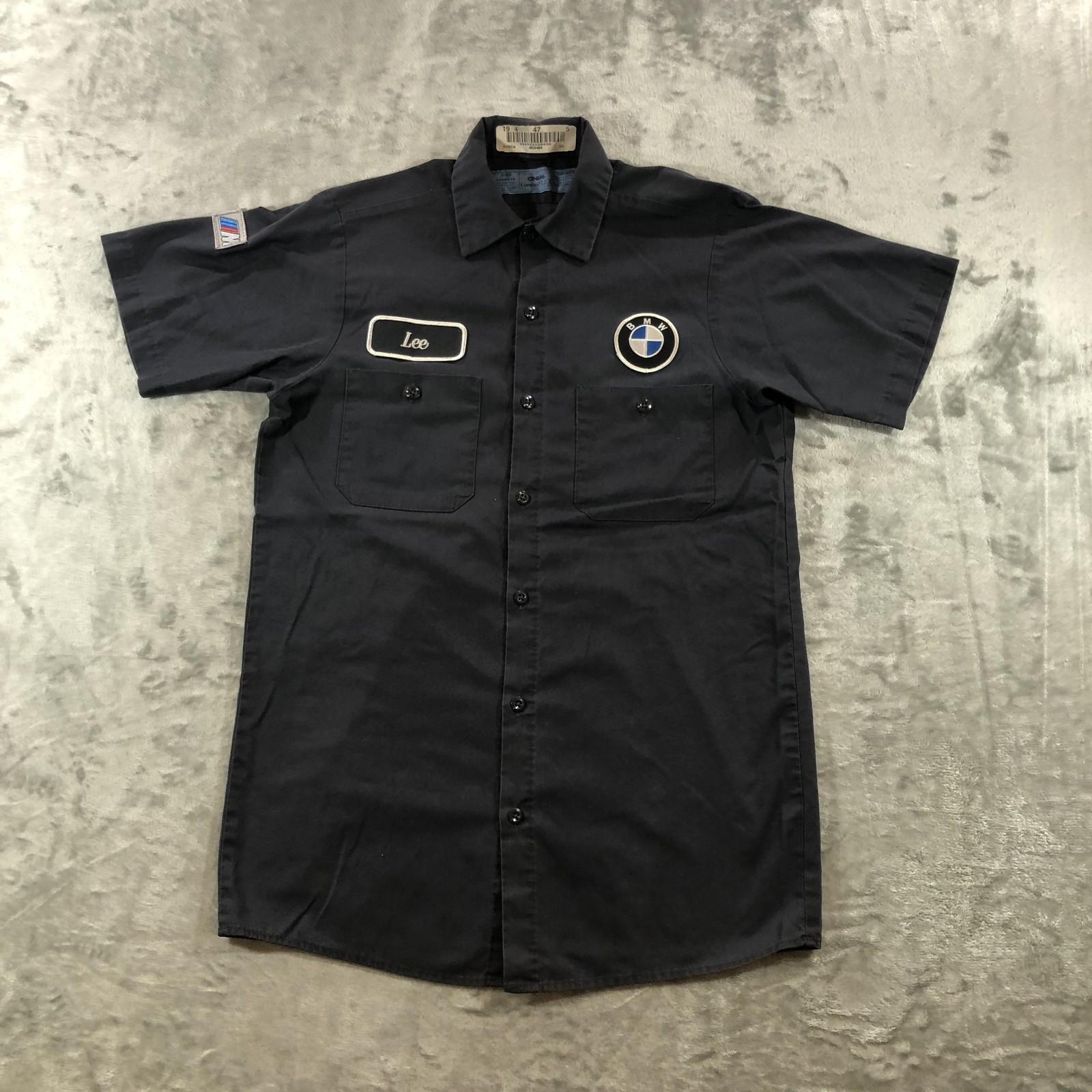 Cintas BMW Shirt Mens Small Gray Short Sleeve Work Uniform Mechanic Button Front