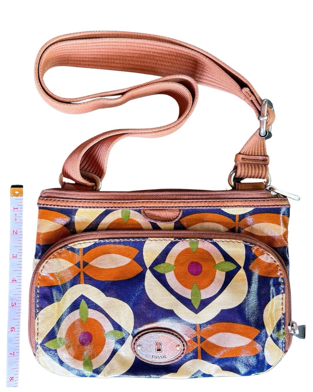 Fossil Key-Per Crossbody Bag Coated Canvas Navy Orange Floral Print Leather Trim