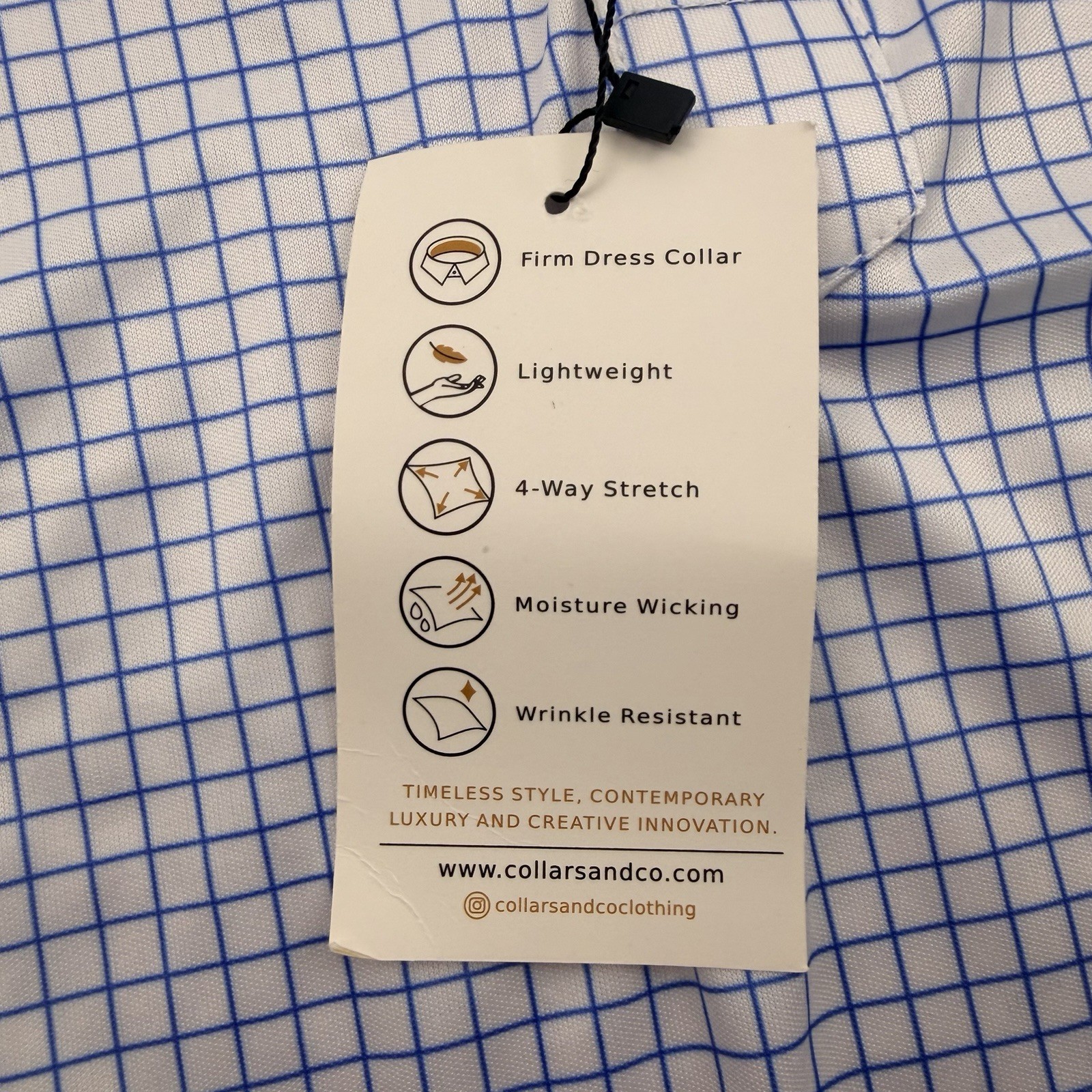 Collars and Co Button Up Polo Shirt Men’s Large Blue White Checkered Stretch NWT
