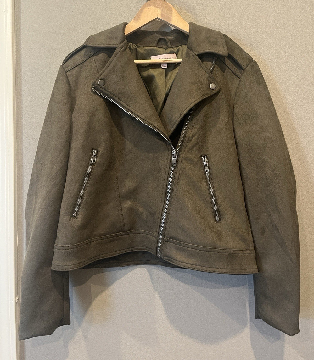 Philosophy Republic Clothing Women’s Green Moto Jacket L Collared Zip Pockets