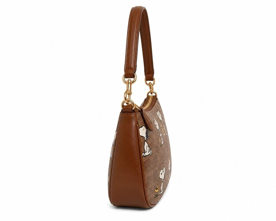 COACH x PEANUTS Teri Shoulder Bag Tan Brown Snoopy Print Signature Canvas CBJ88