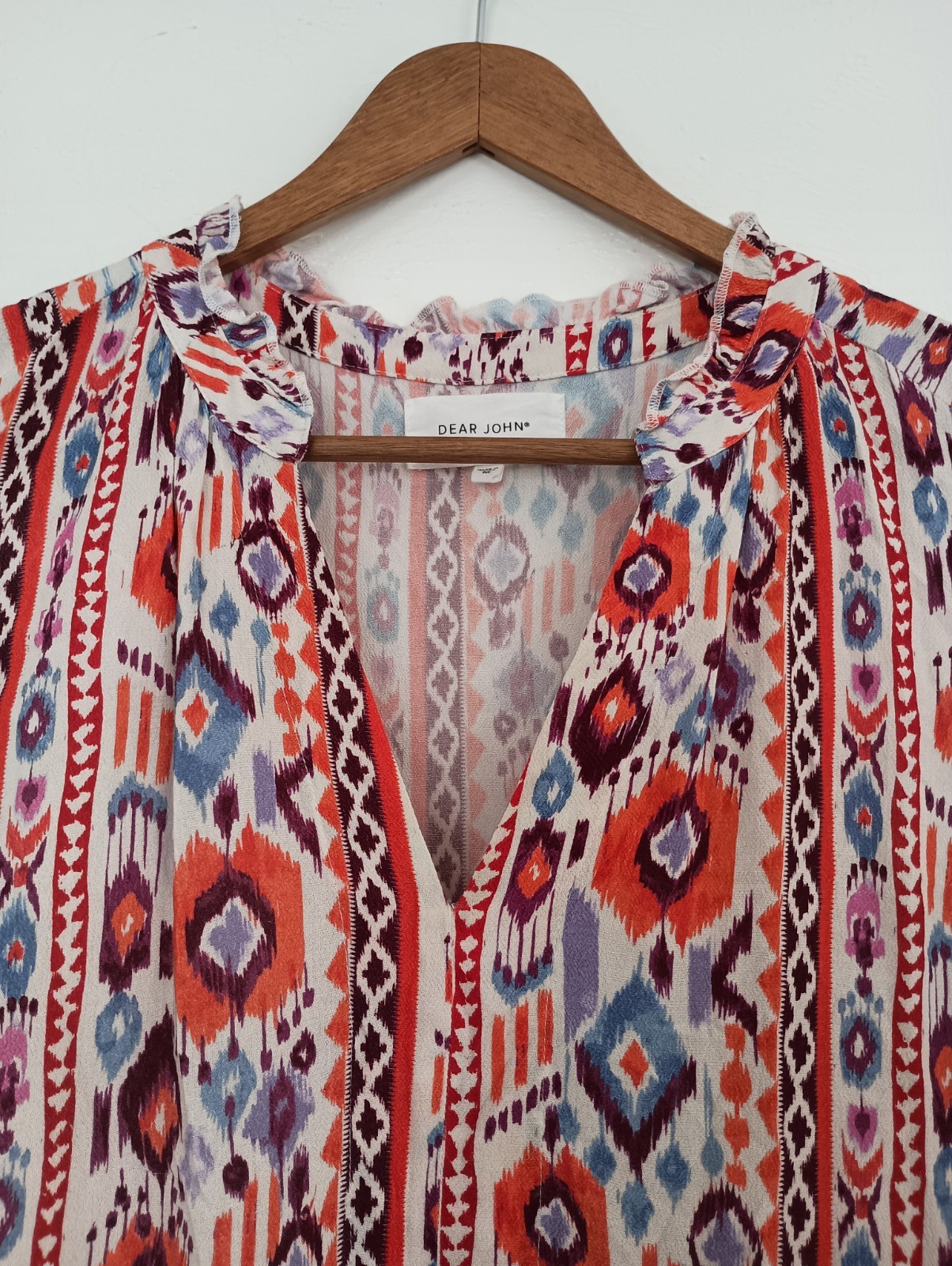 Dear John Multicolor Geometric Sleeveless V-Neck Dress M Rayon Ruffle