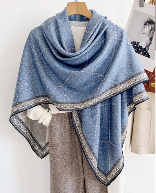 70% Cashmere 30% Silk Bandana 53” Neckerchief Scarf line Print Shawl Wrap new