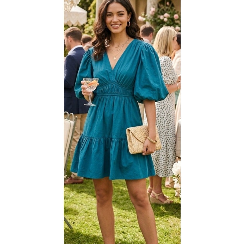 Japna Teal Green Puff Sleeve Tiered Mini Dress V-Neck Size Small EUC