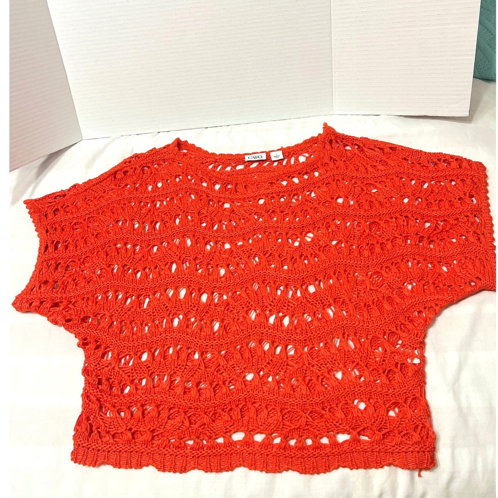Cato Womens Fire Orange Crochet Open Weave Airy Dolman Sleeve Resort Top Small