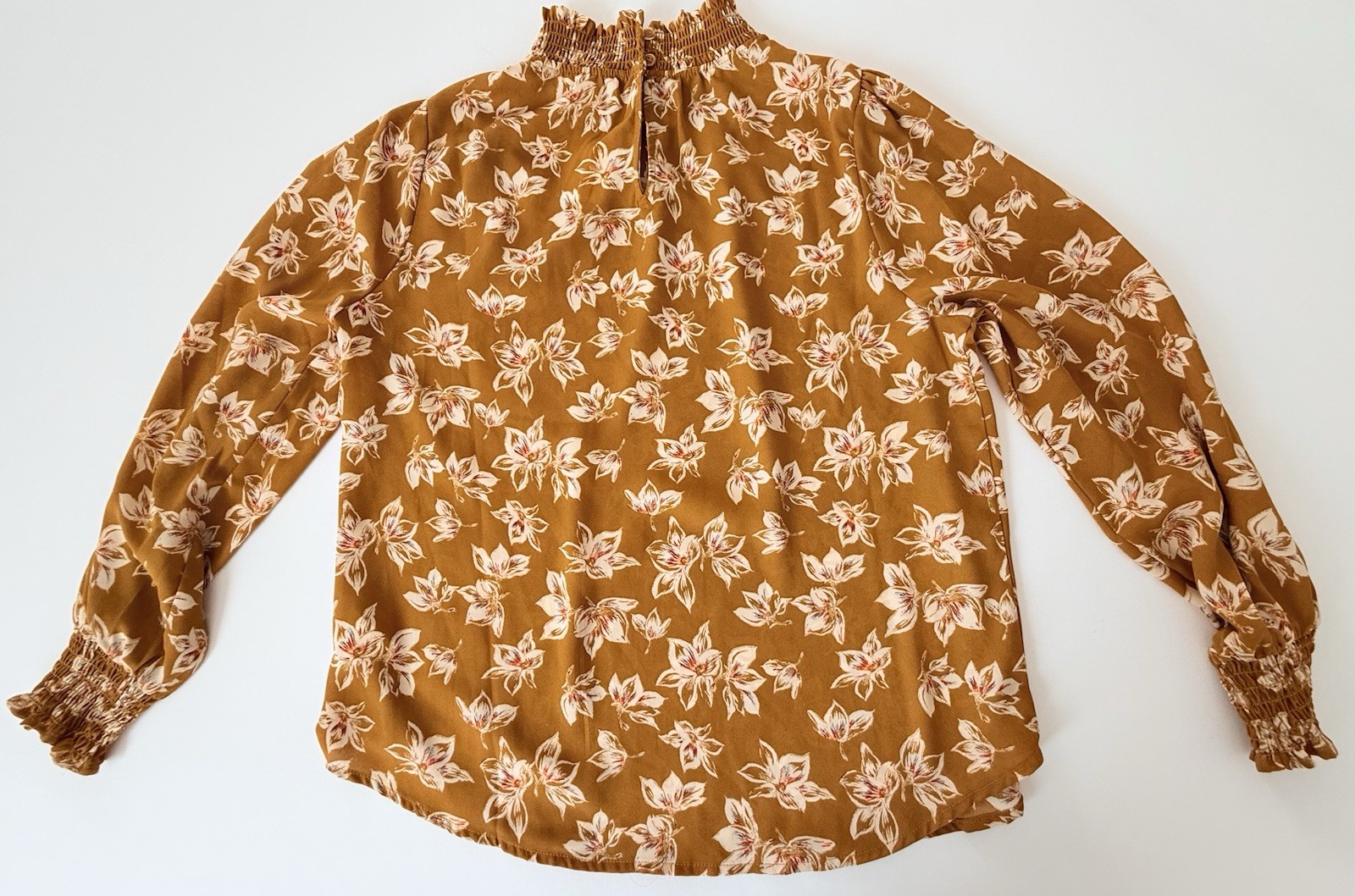 Pleione Floral Blouse Medium Rust Orange Smocked Neck Long Sleeve NWT