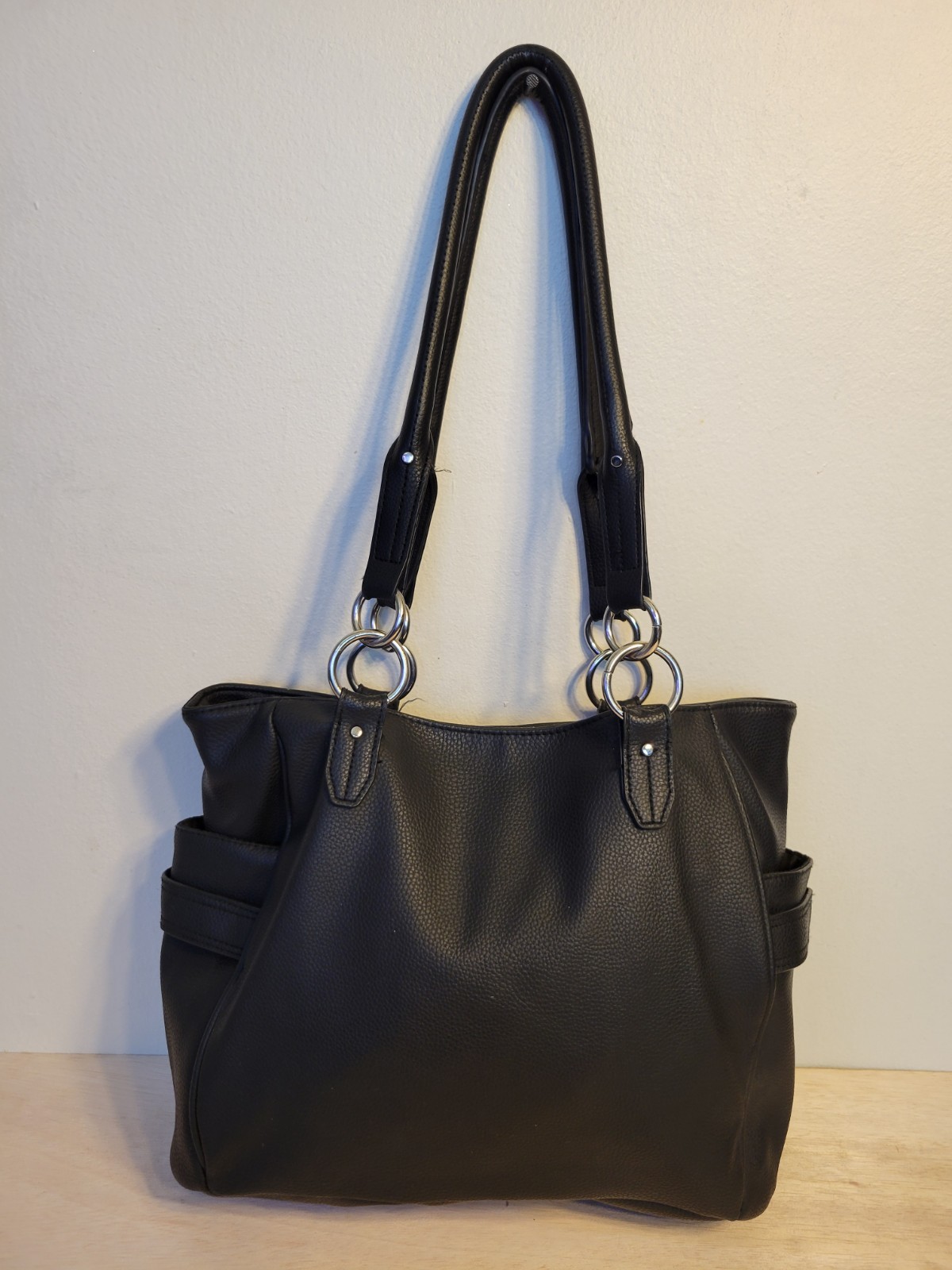Rosetti Black Shoulder Bag Studded Buckle Accents Magnetic Zip Silver Hardware