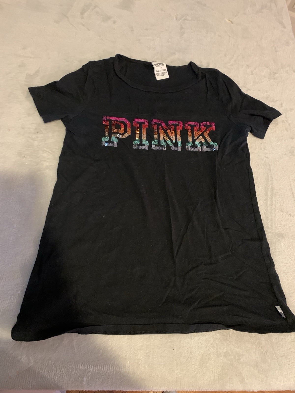 Victoria’s Secret VS Pink Rainbow Bling Sequin Short Sleeve T-Shirt Black Small