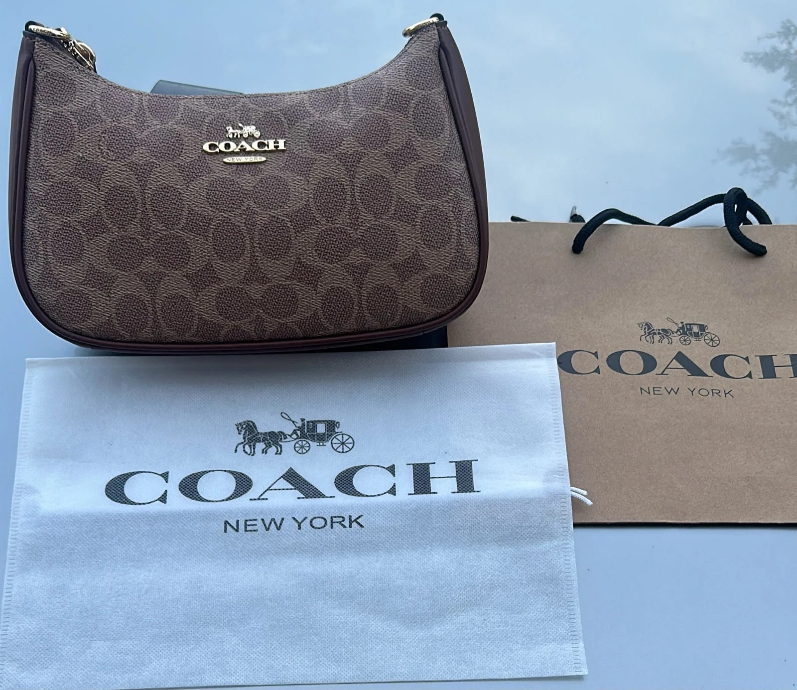COACH Teri Shoulder Bag In Signature Canvas Gold/Tan/Brown New