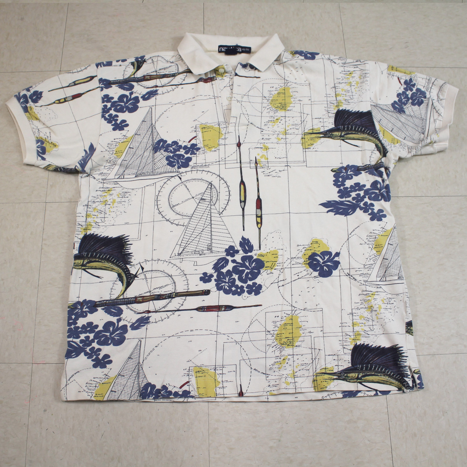 Vintage Nautica Polo shirt, Floral Sailboat Fishing Compass XL