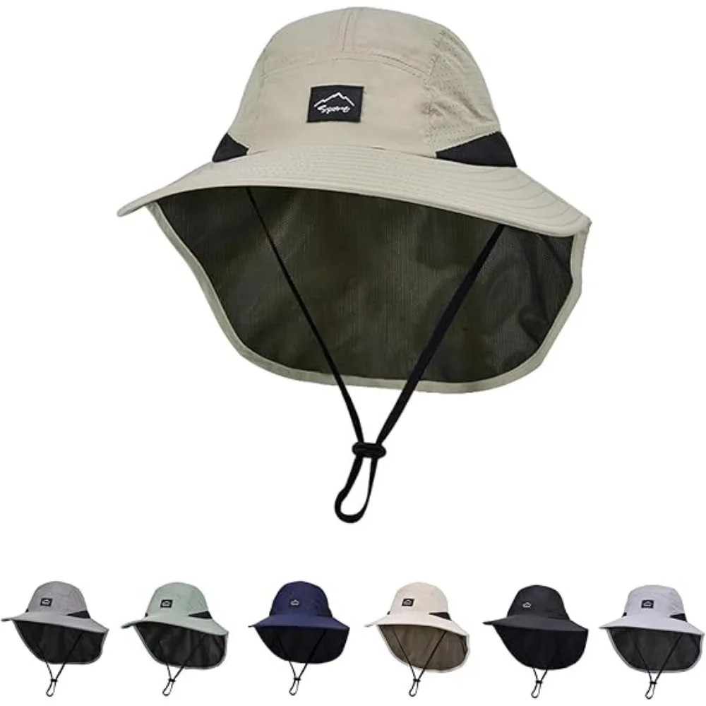 Wide Brim Waterproof Quick-Dry Sun Hat with Neck Flap Breathable Mesh Hiking Cap