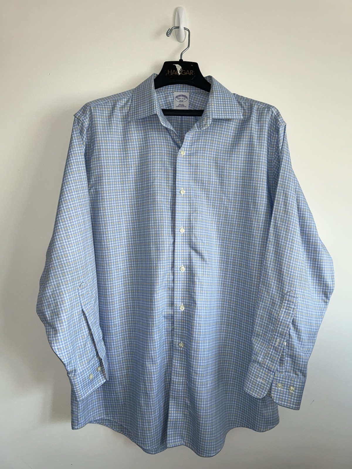Brooks Brothers Dress Shirt Mens 15.5 34/35 Blue Check Slim Fit Non Iron LS