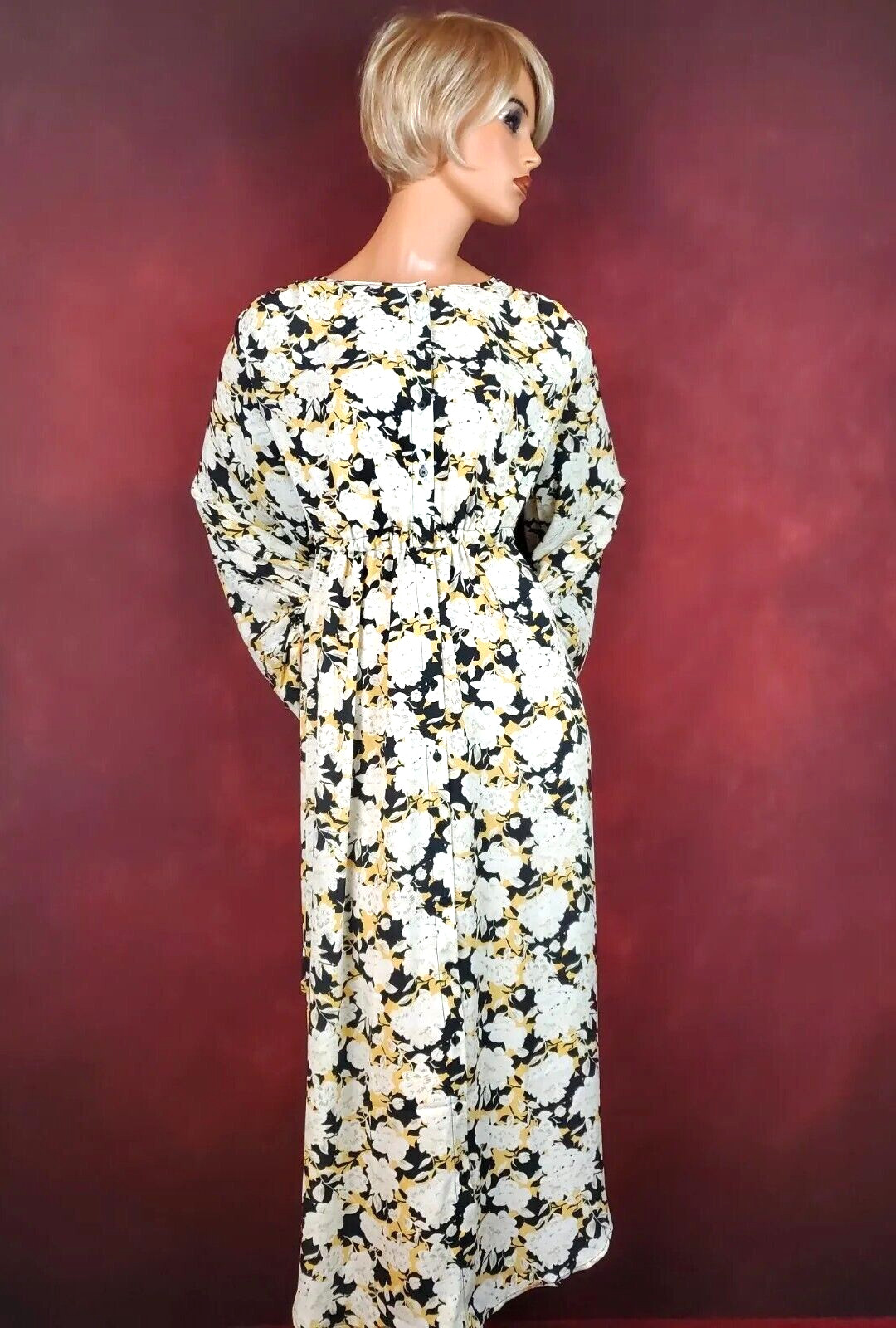 Ellos Wear to Work Dress 16 Long Billowy Sleeves Black Floral Kimono Drawstring