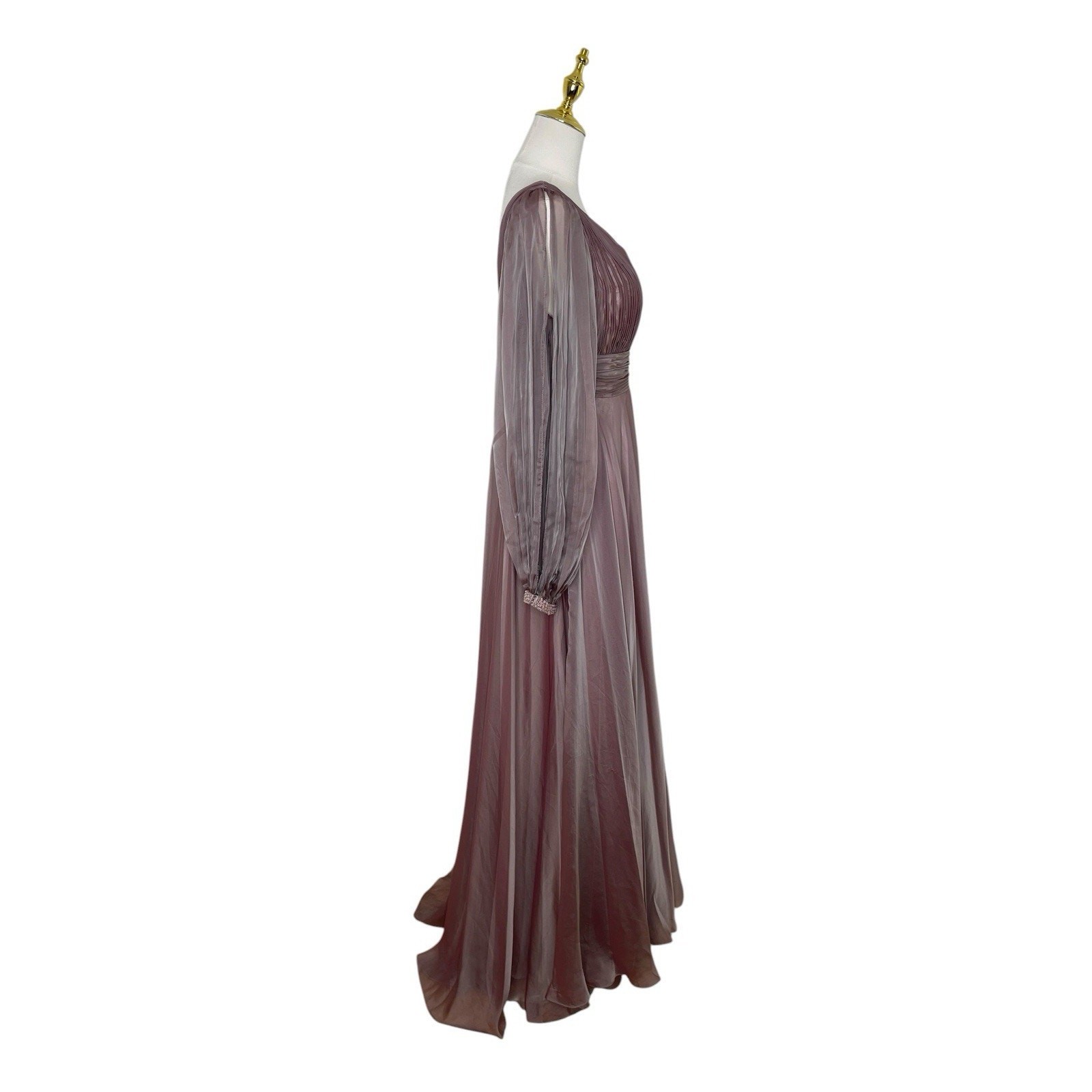 Mac Duggal 67414 Mocha Chiffon Gown Cutaway Sleeve Beaded Cuff Size 8 $598