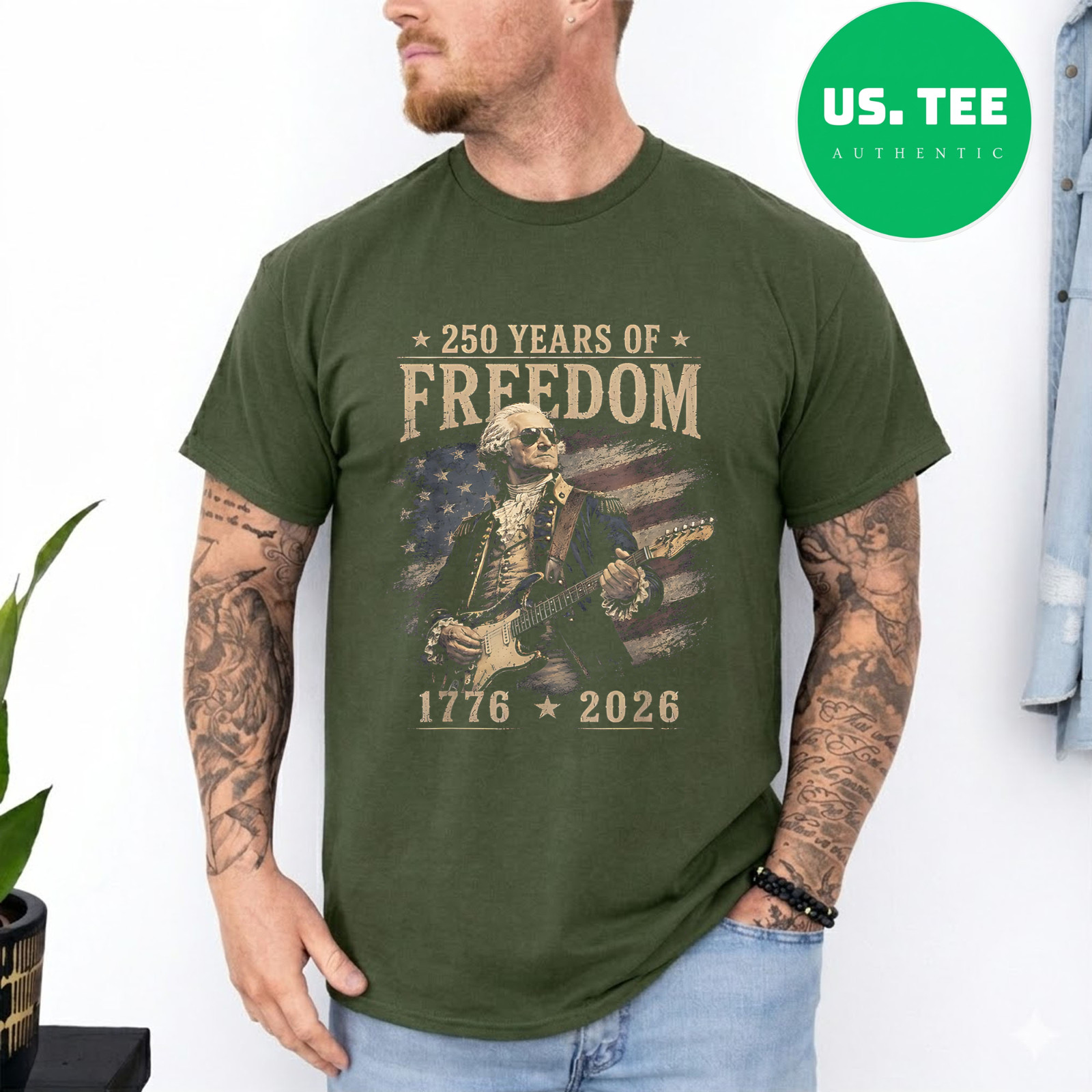 250th Anniversary George Washington Playing Guitar 4th July T-Shirt