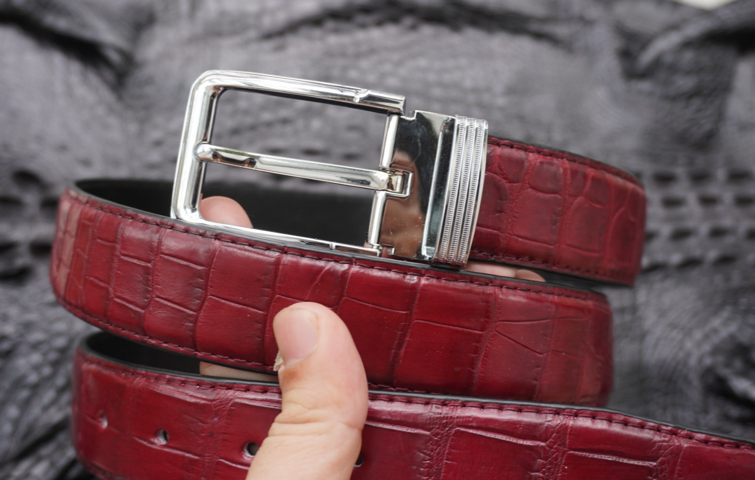 W 1.3 inch- Burgundy Genuine CROCODILE Belly LEATHER Skin Men’s Belt #Y27
