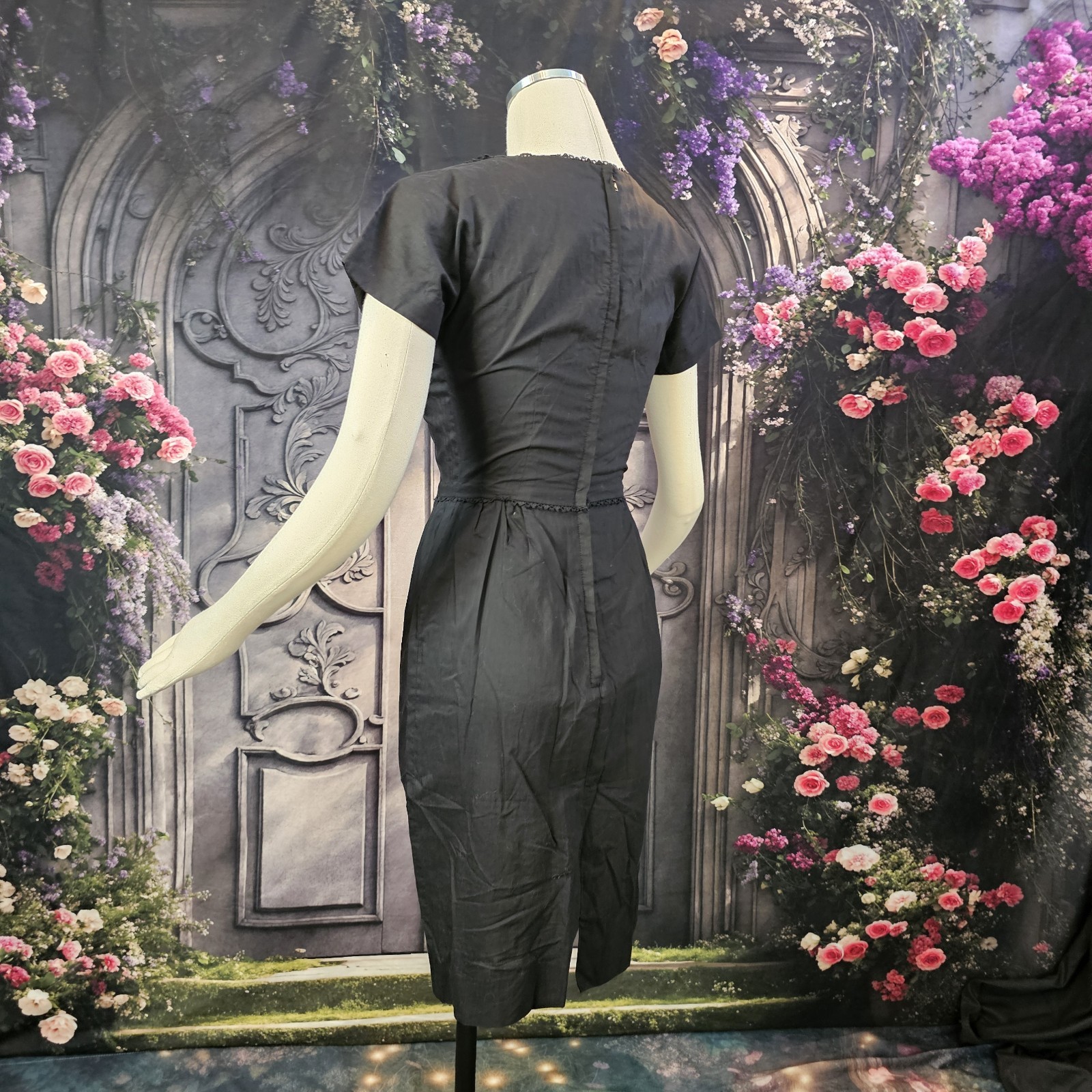 Vintage 1950s Wiggle Dress Fitted Black Polished Cotton Pinup