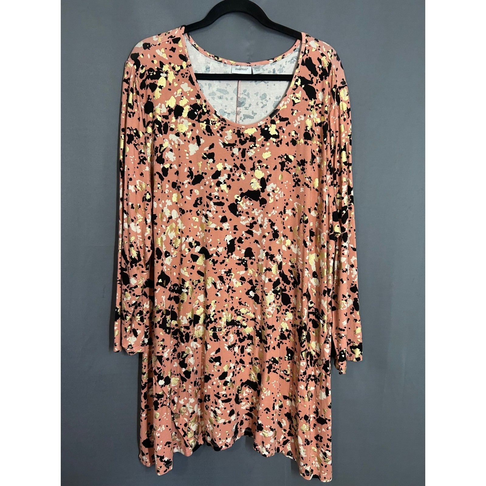 Avenue Plus Size Coral Gold Foil Speckled Print Tunic Top Long Sleeve Boho 26/28