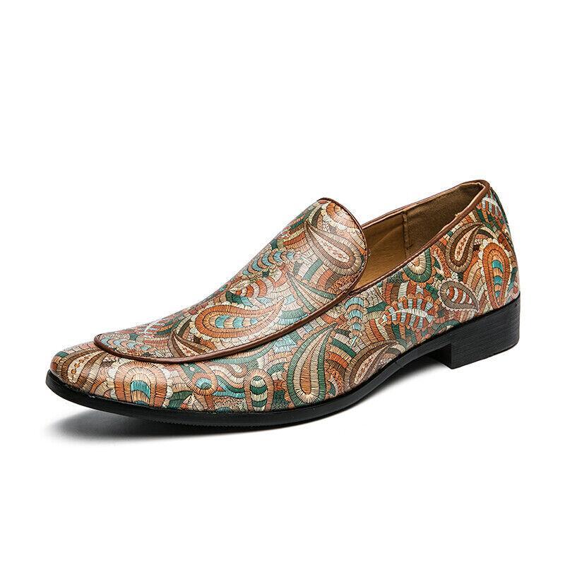 Korean Men’s Pointy Toe Printing Faux Leather Dress Slip on Formal Casual Shoes