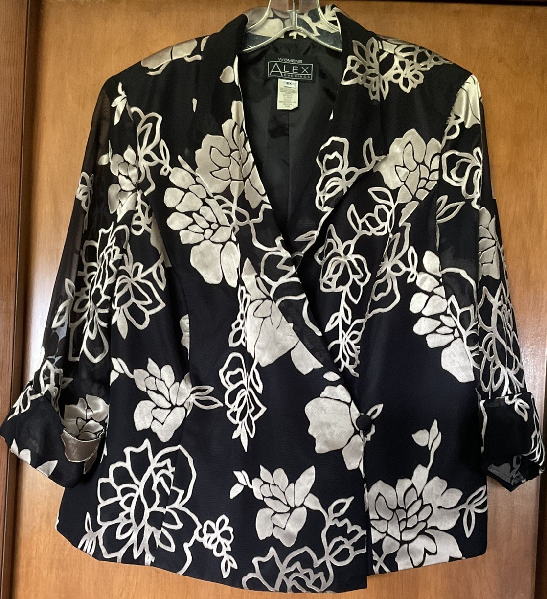 Alex Evenings Jacket Women 2X Black Floral Sheer Chiffon 3/4 Sleeve 80s Vintage
