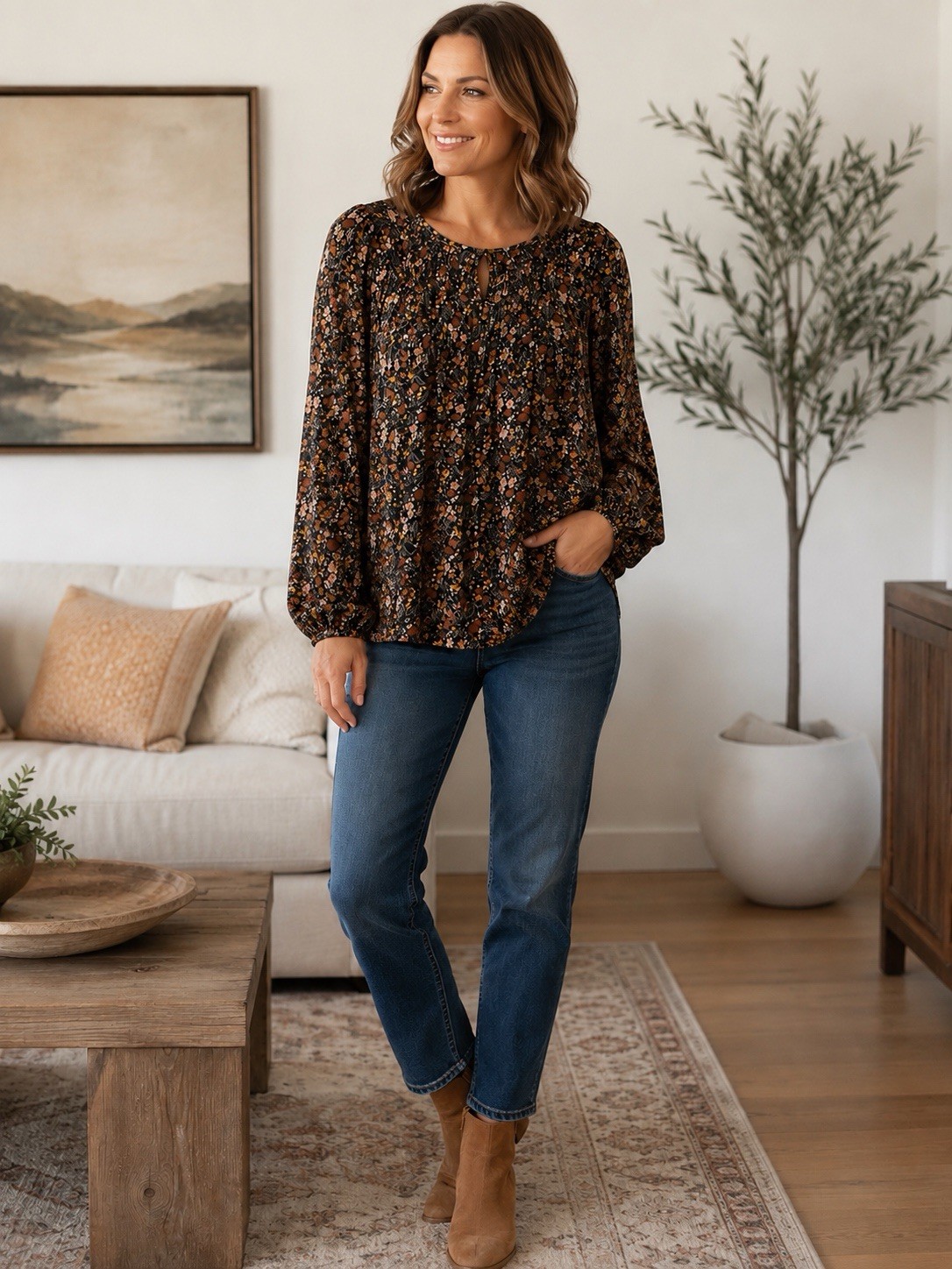 J. Jill Petite Small Floral Paisley Smocked Peasant Blouse Boho Long Sleeve