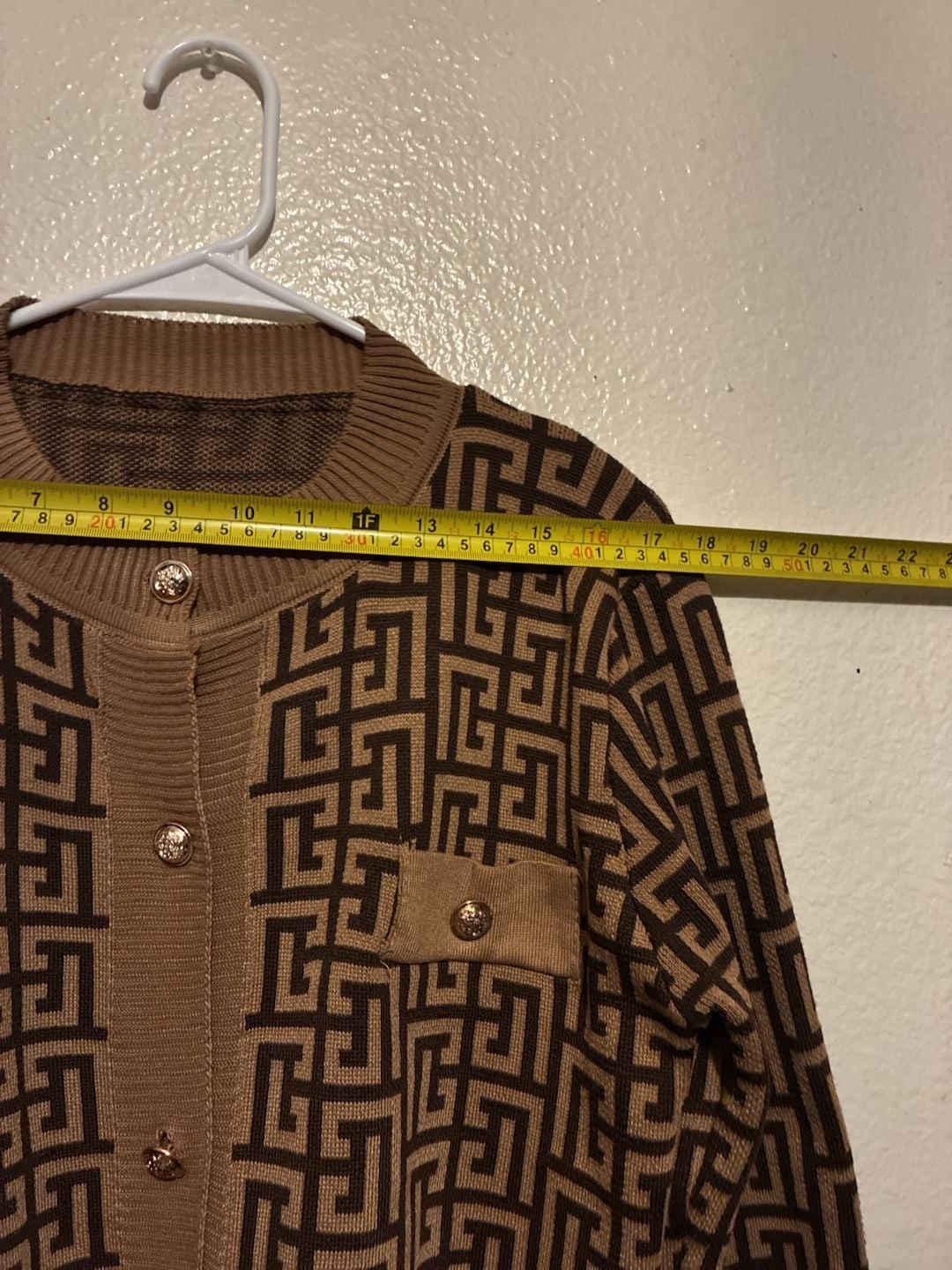 Balmain Geometric Monogram Knit Cardigan Brown Black Gold Buttons