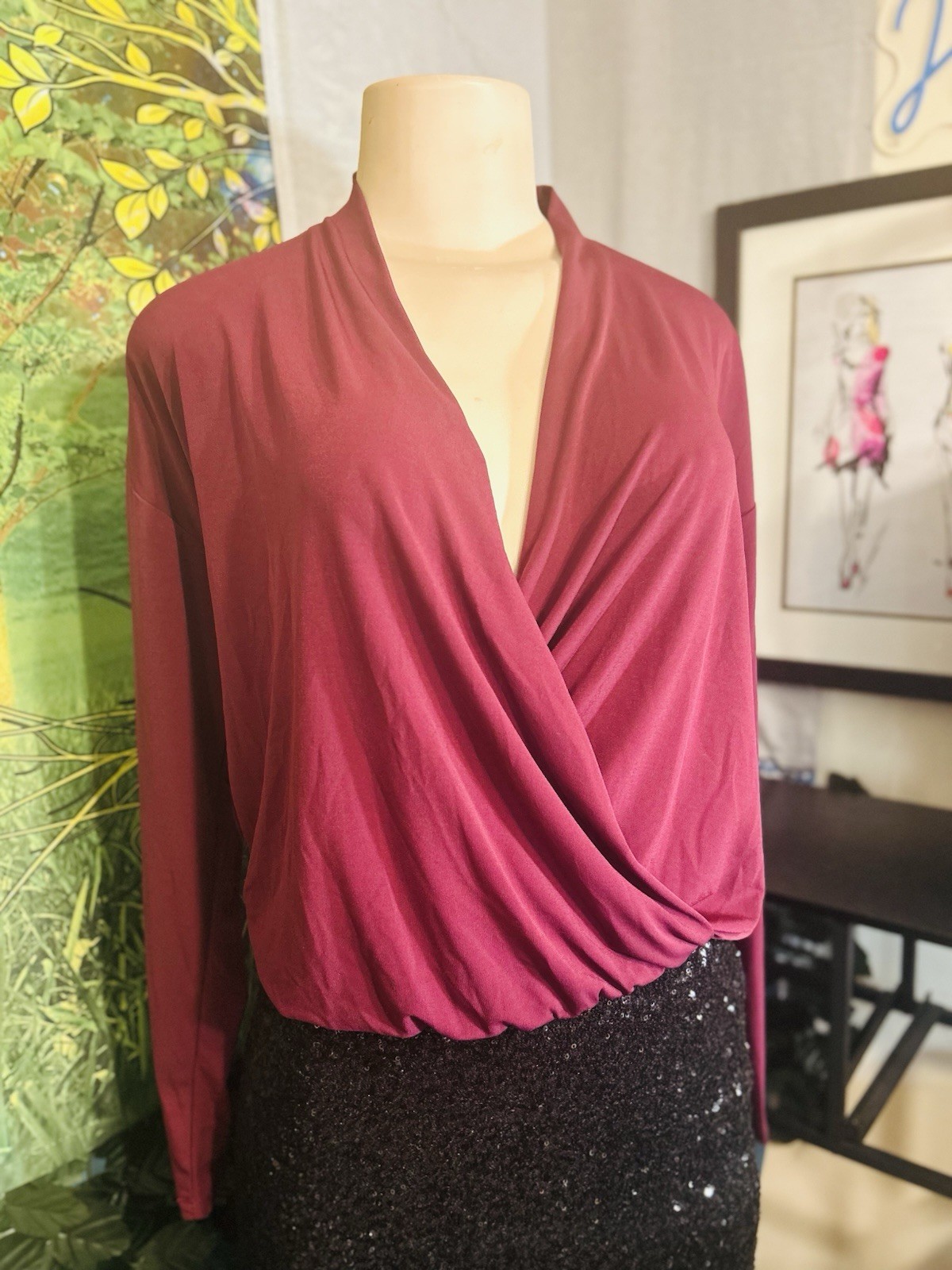 Ann Taylor Factory Burgundy Solid Surplice Wrap V-Neck Long Sleeve Blouse Sz S
