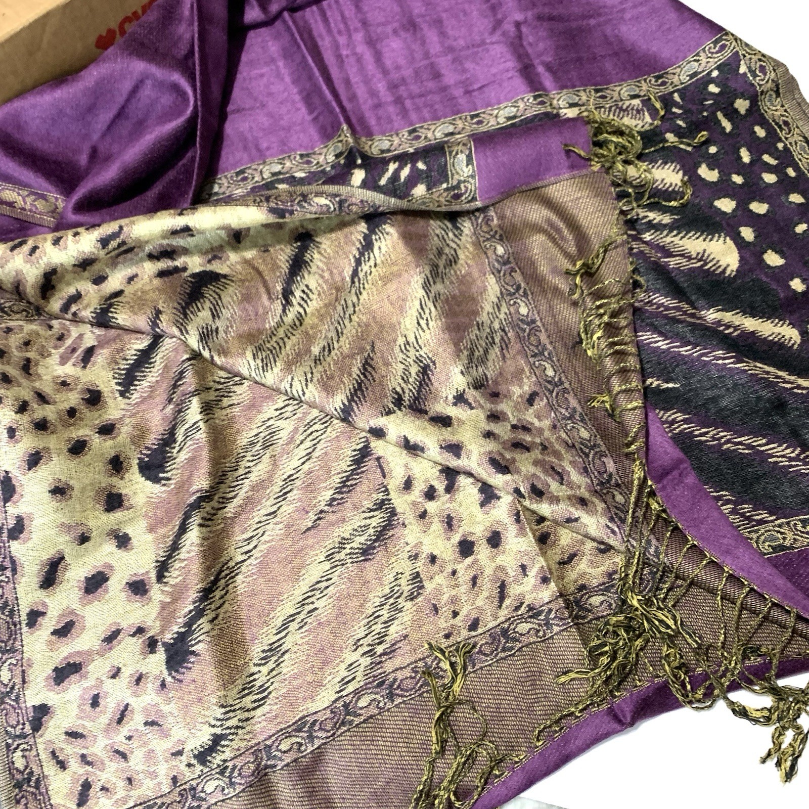 100% Pashmina Purple Black Geometric Fringe Animal Print Scarf Shawl 68″X26″