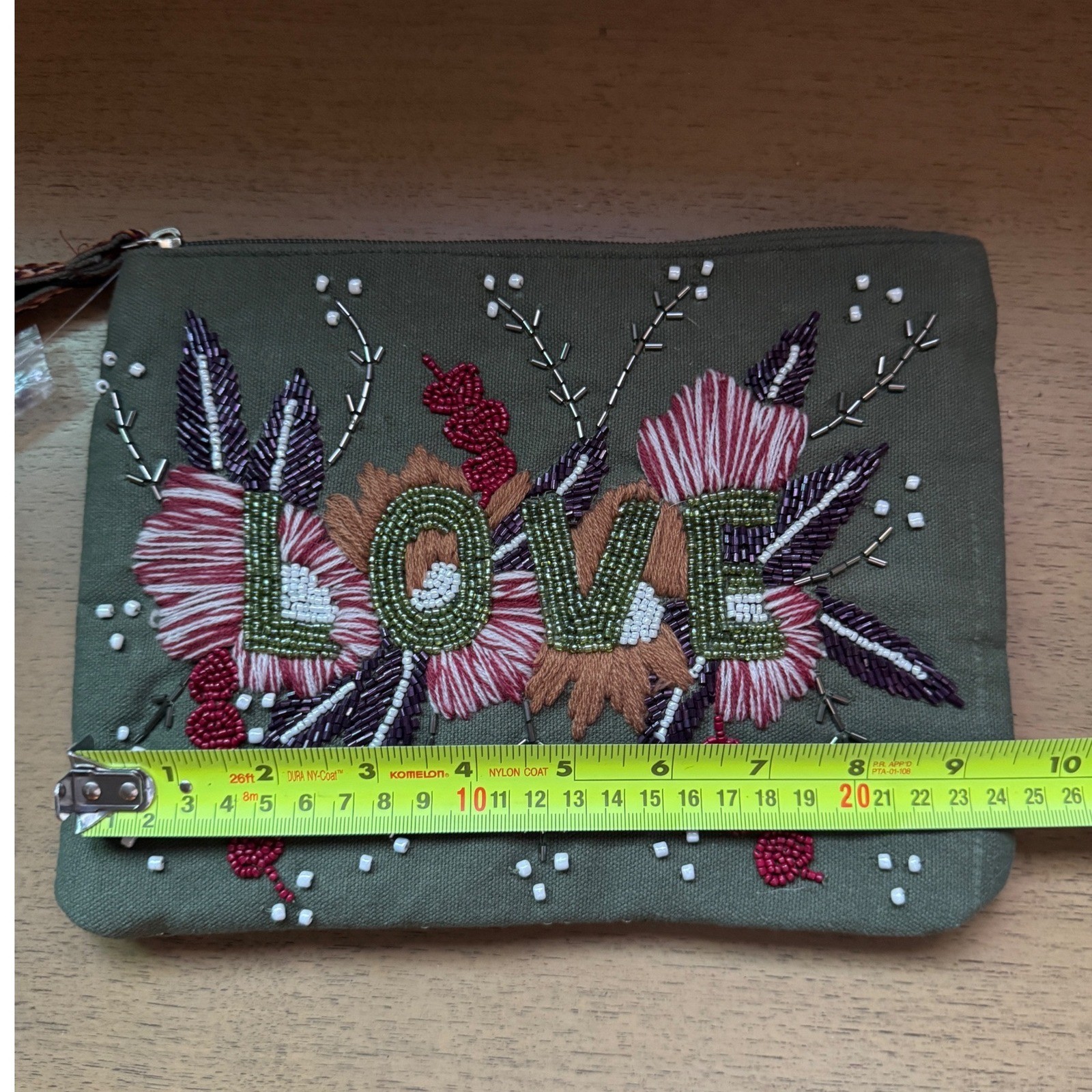America & Beyond Love Beaded Floral Wristlet Clutch Bag Olive Green Canvas NEW