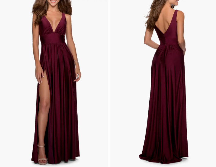 LA FEMME Dark Berry Plunge V-Neck Pleated High-Slit A-Line Maxi Gown Dress 8 = M