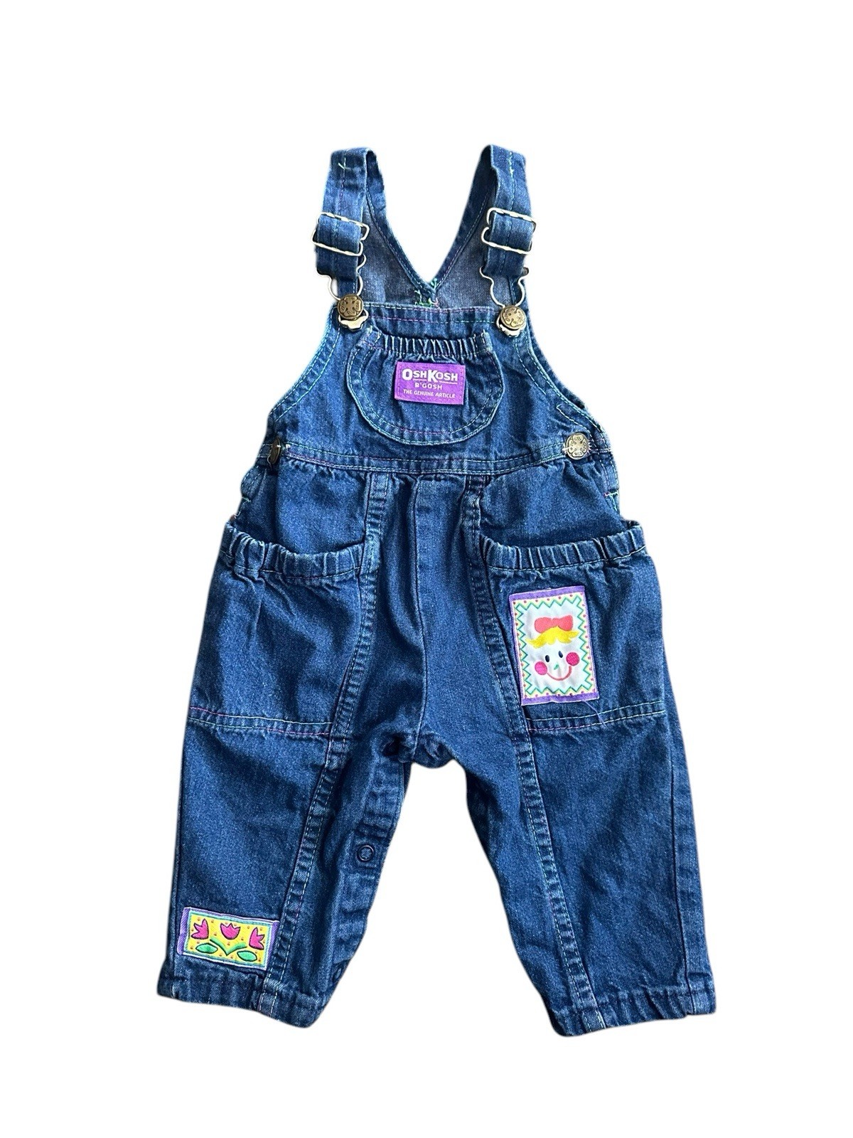 Vtg OshKosh B’gosh Vestbak Denim Overalls Sz 6 / 9 Mos USA Made Patch Flower