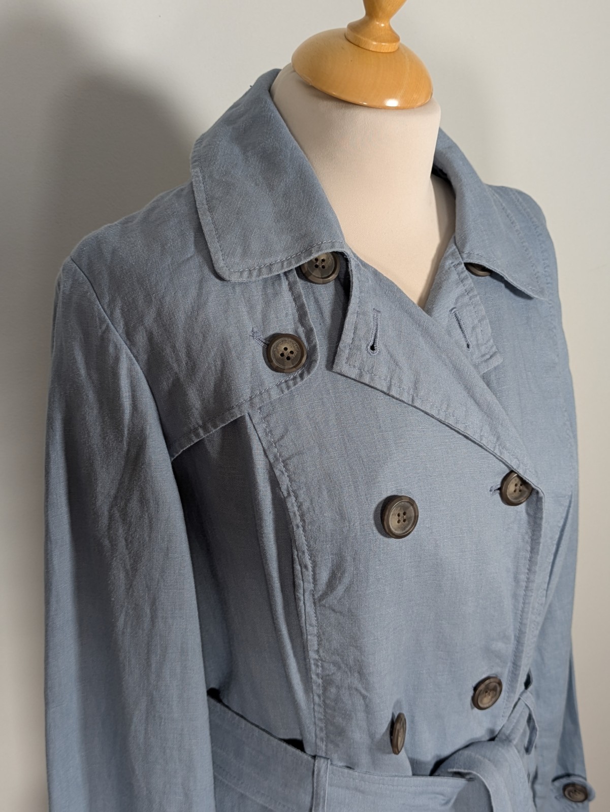 Marks & Spencer Linen Unstructured Mid Length Duster Jacket UK 14 Blue Belted