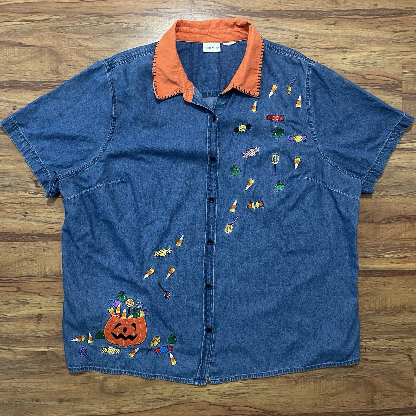 White Stag Plus Halloween Denim Shirt Womens 26W 28W Button Up Embroidered Fall