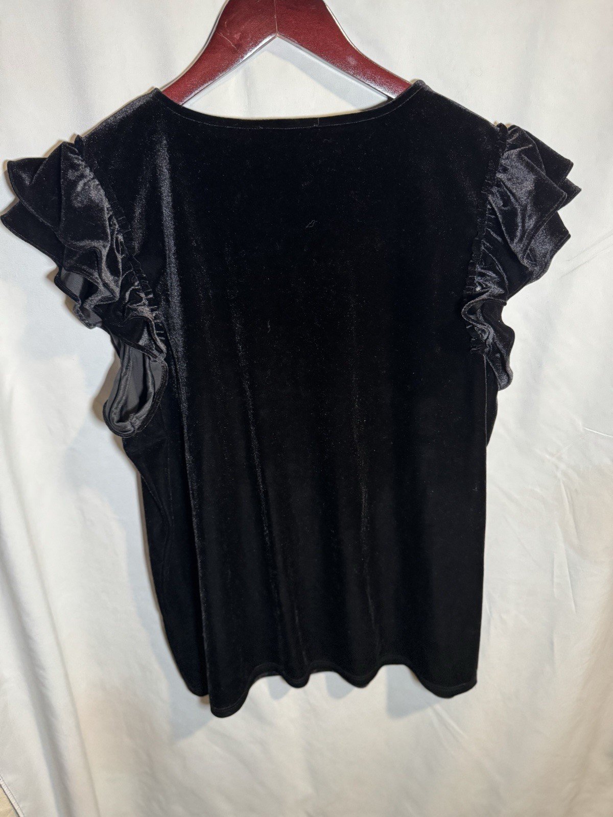 Cece Womens Black Velvet Flutter Short Sleeve Top L Crew Neck Feminine