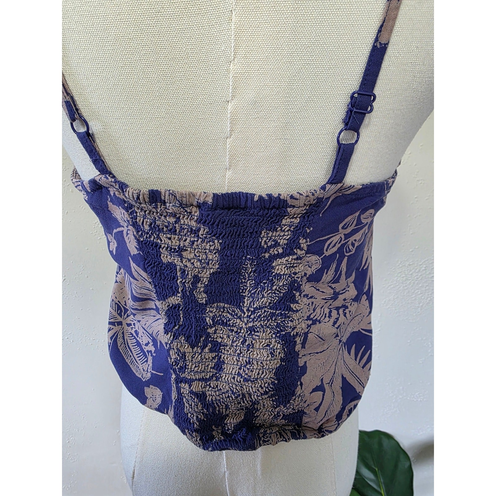 Willow + Root Peasant Tropical Cottagecore Smocked Spaghetti Strap Blue Women M