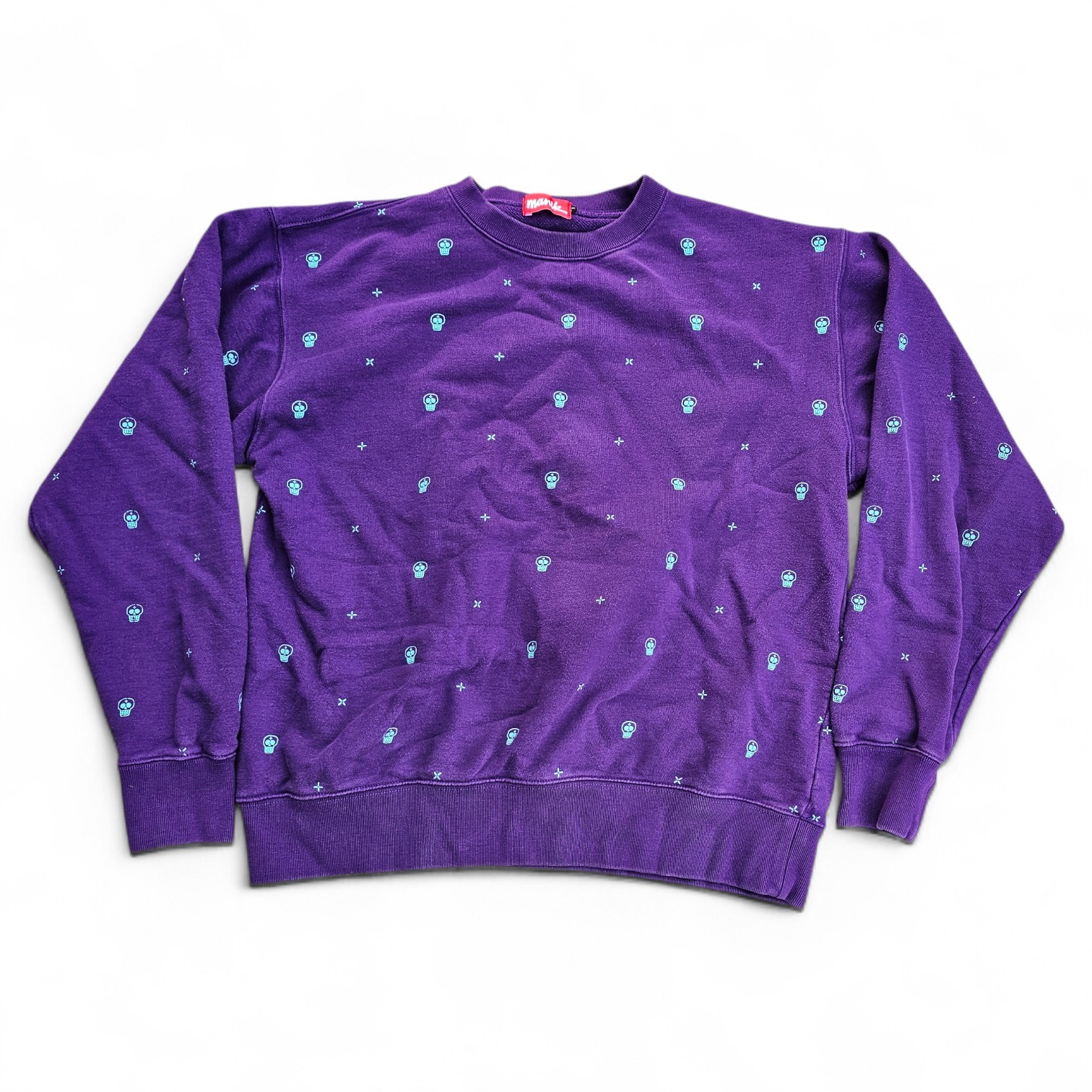 🔥 Vintage Y2K Manik Skateboards Crewneck Sweatshirt Purple Skulls AOP Men M 🔥