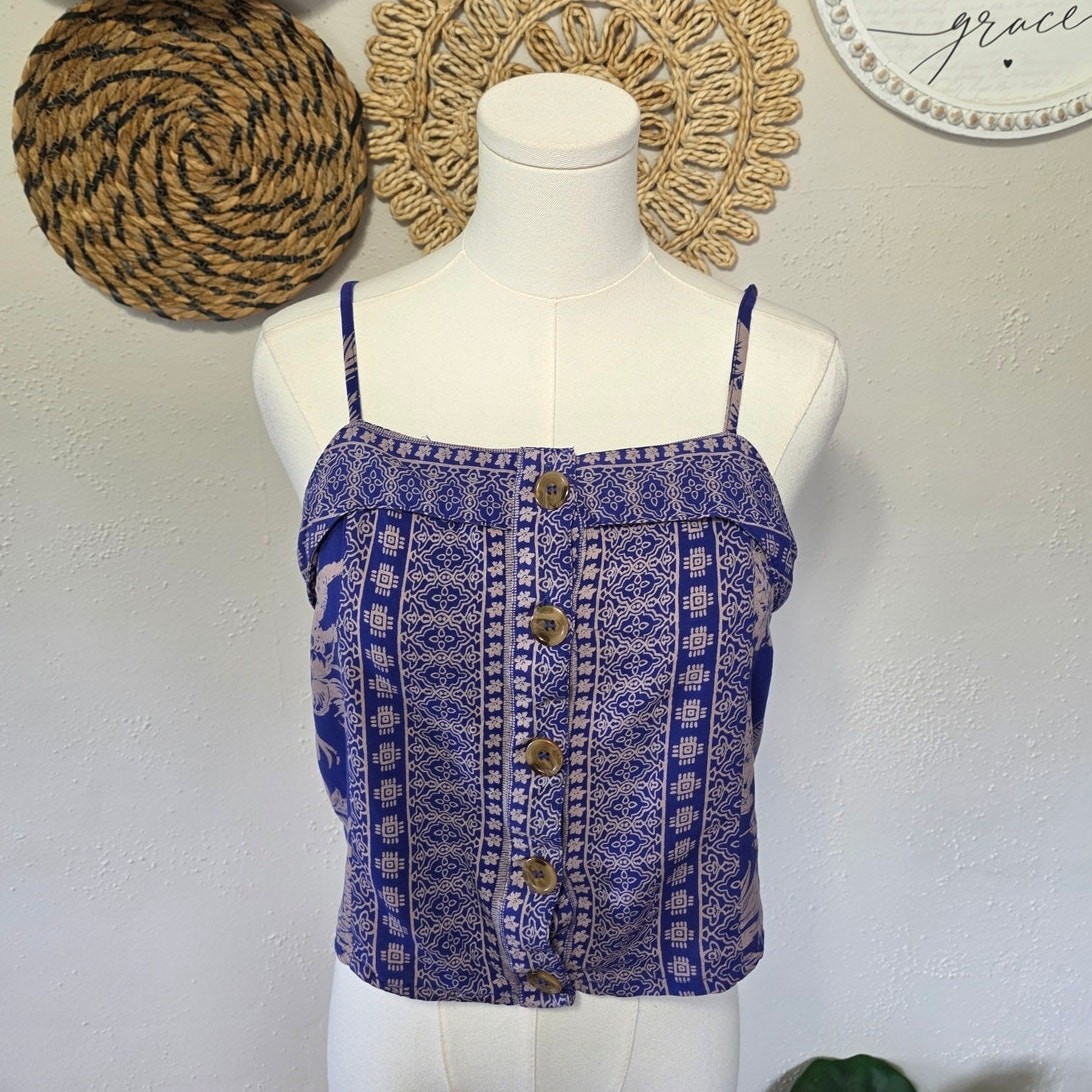 Willow + Root Peasant Tropical Cottagecore Smocked Spaghetti Strap Blue Women M