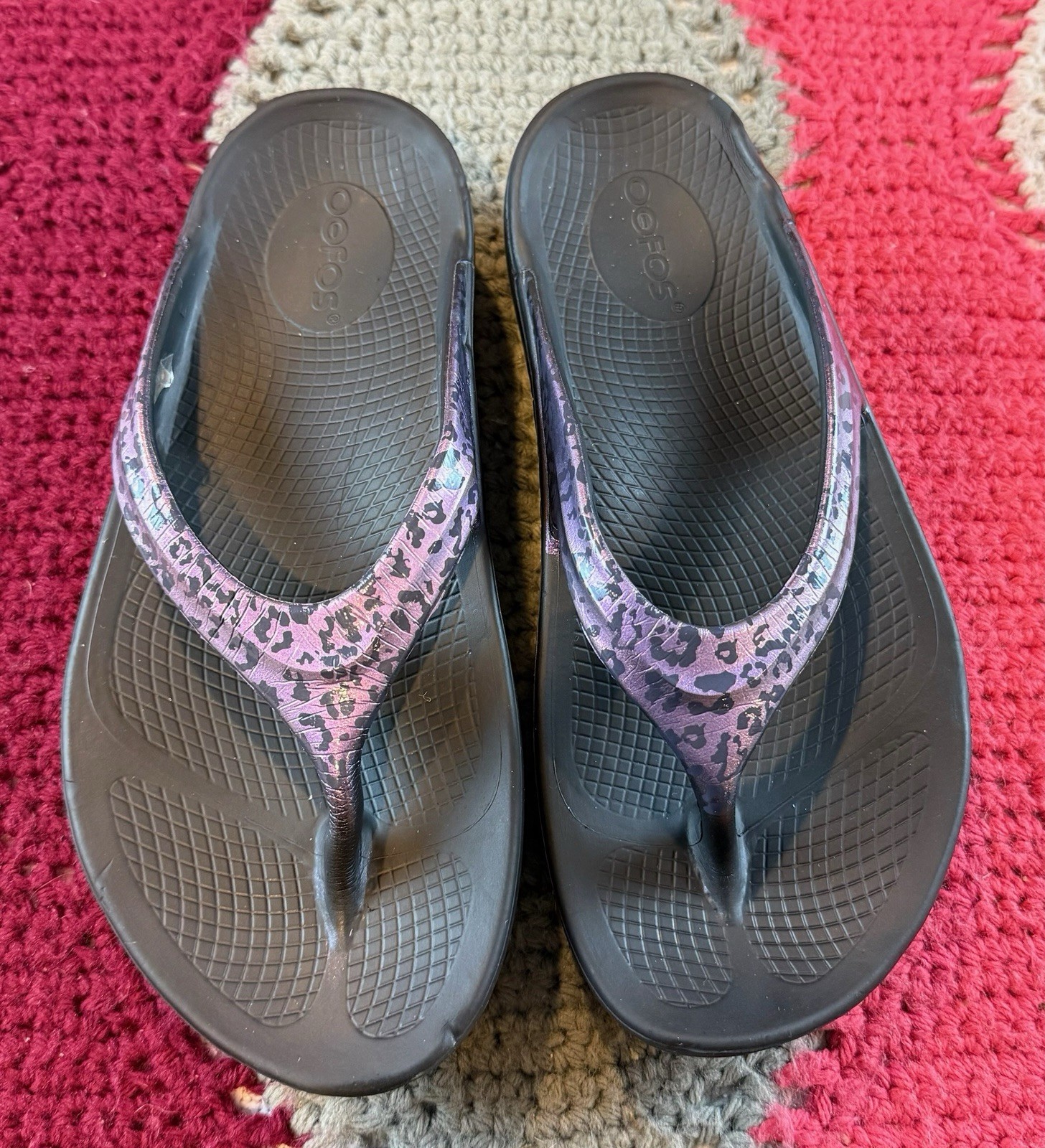 OOFOS Oolala Women’s 6 Purple Leopard Comfort Recovery Sandals Flip Flops Thongs
