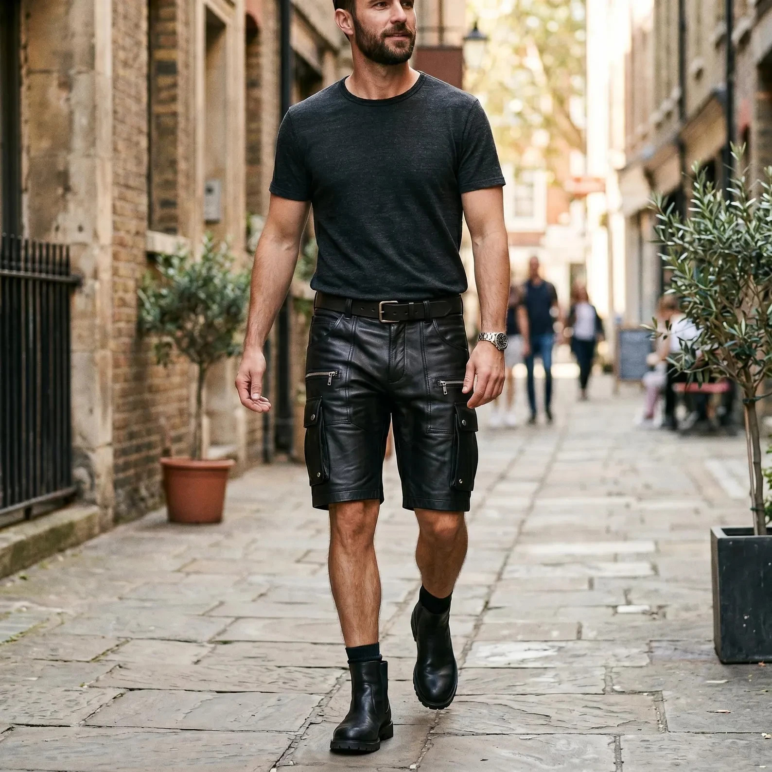 Utility Cargo Leather Shorts Men Black Genuine Sheepskin Zip Pocket Biker Soft