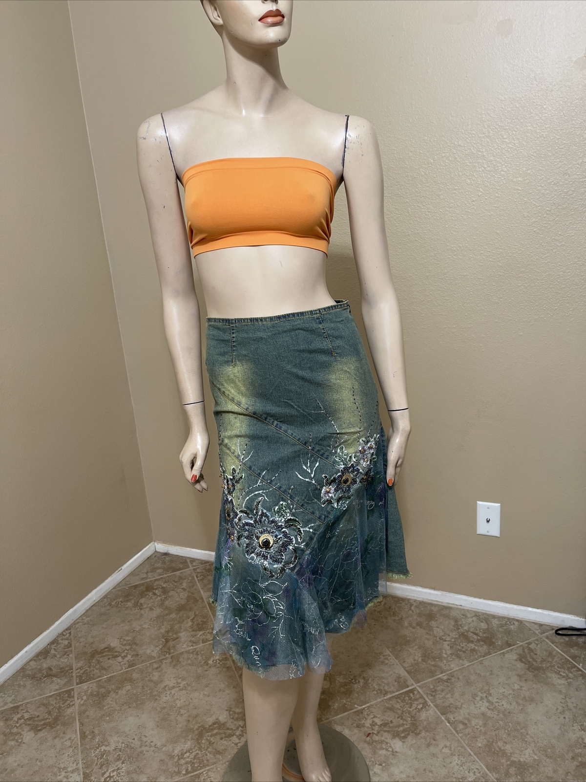 Women’s Aquamarine Denim Cotton Boho Beads Lace Stretch Size L(8-10) Skirt 3256