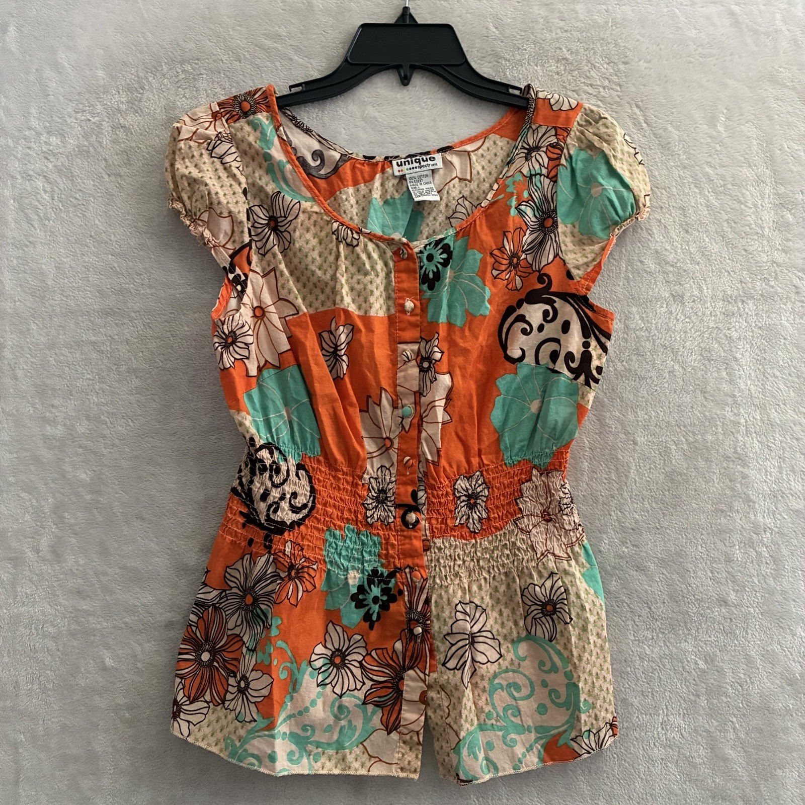Unique Spectrum Womans Blouse Top Orange Floral Large Cotton Short Sleeve